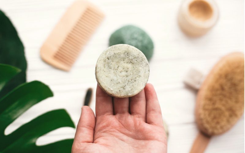 hand holding a shampoo bar with blurry sponges, combs, and leaves in the background