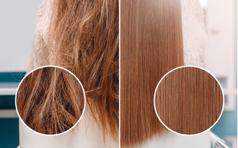 Lady who had a keratin treatment in a side by side image showing frizzy and tangled hair on the left and straight and shiny hair on the right