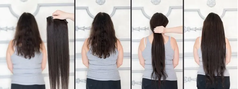 Multiple images in a step-by-step guide to how much do hair extensions cost in various phases of the installation process