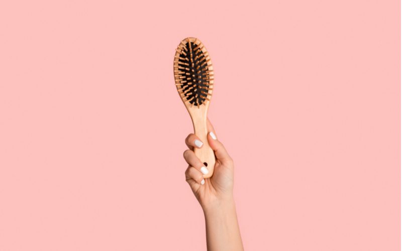 Nice clean hair brush being held up in a pink room by a hand with white painted nails