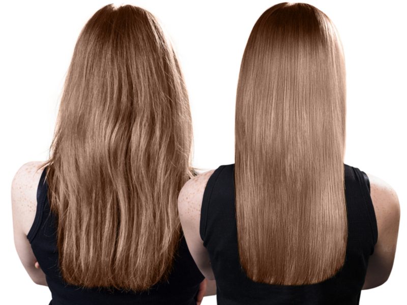 Before and after Keratin treatment showing a woman with long wavy hair and then straight long hair