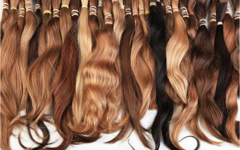 Samples of various hair extensions in various colors in a layflat image next to each other