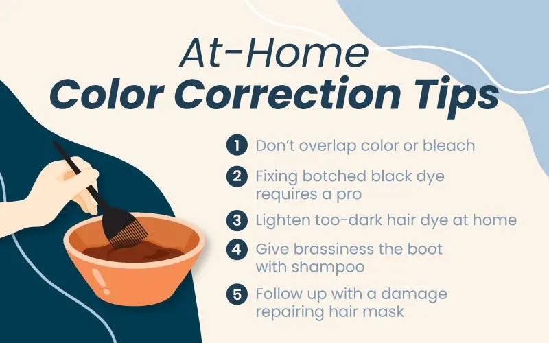 At home color correction tips graphic to use while you wait to dye your hair again