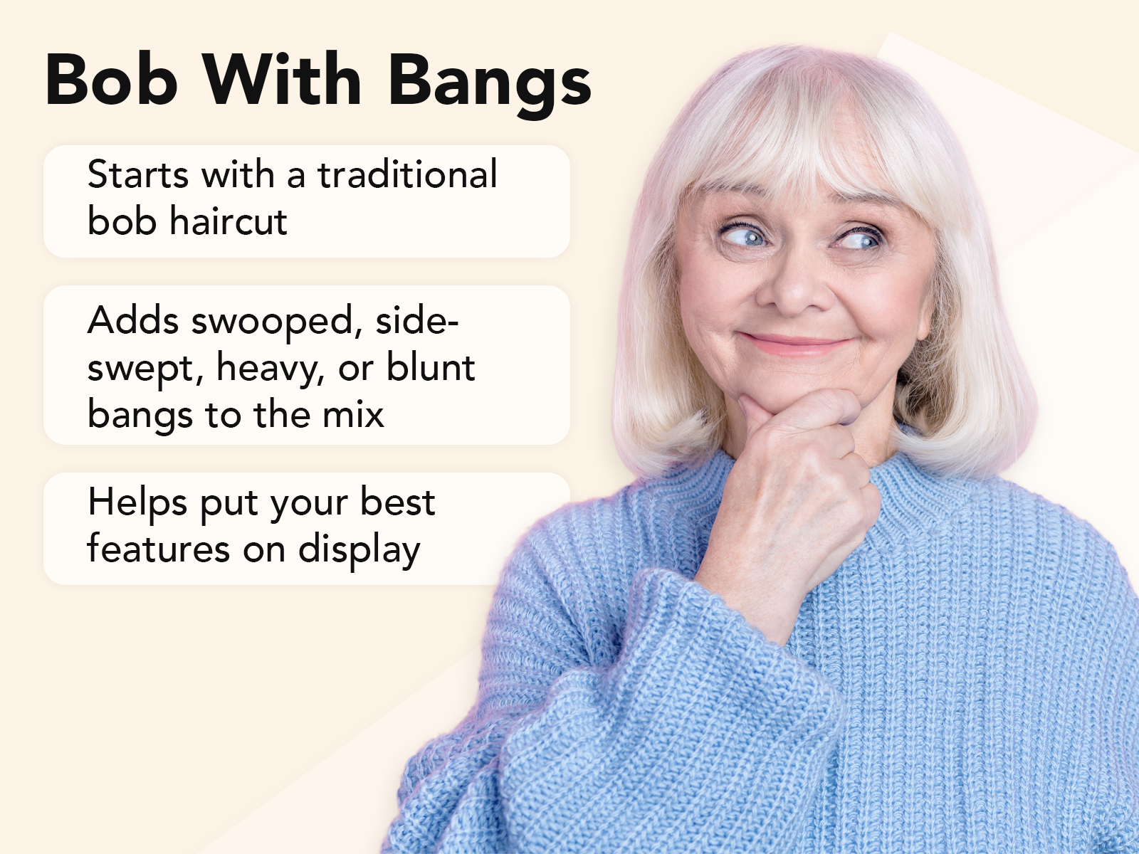 Bob with bangs explainer image on a tan background with key attributes of the style on the left