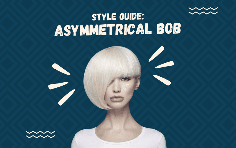 Image titled Style Guide Asymmetrical Bob with a woman wearing such a cut against a blue background
