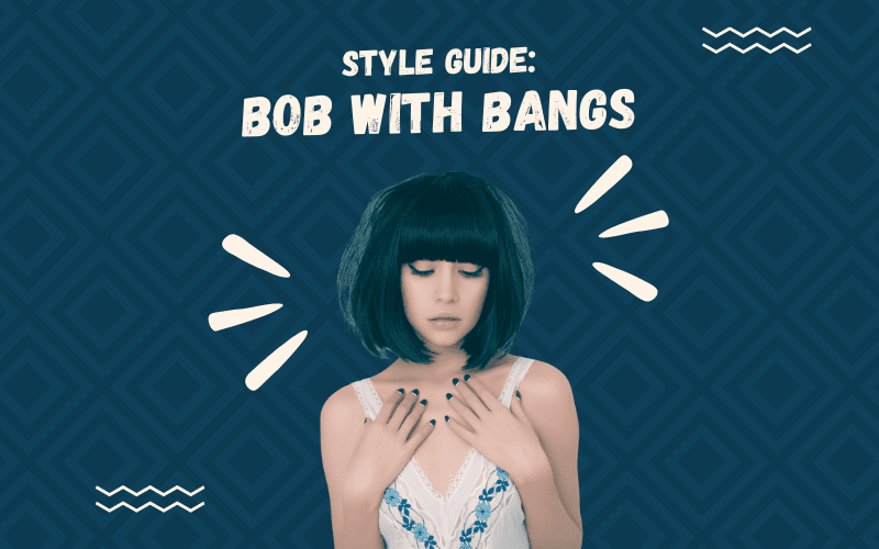 Image titled Style Guide Bob WIth Bangs featuring a woman wearing such a cut in a white floral lace shirt holding her chest