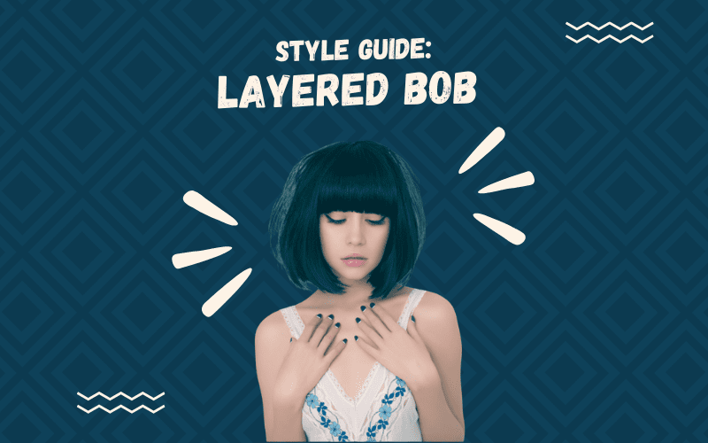 Copy of Image titled Style Guide Layered Bob with a woman wearing such a cut against a blue background