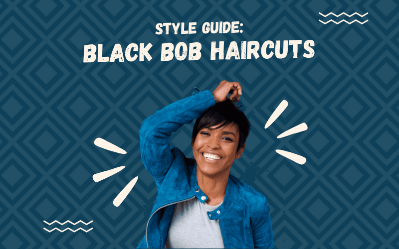 Image titled Black Bob Haircuts featuring a woman with such a style in a cutout-style image holding her hair