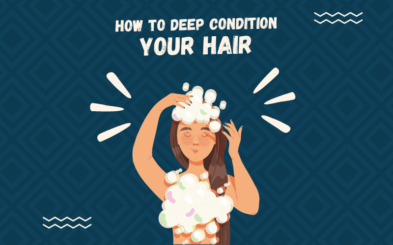 Image titled How to Deep Condition Your Hair featuring a photo of a woman doing such an act against a blue background
