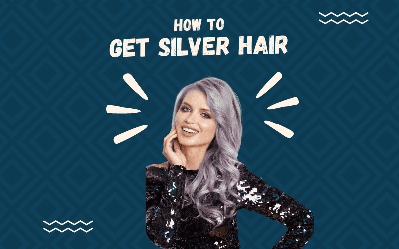 Image titled How to Get Silver Hair featuring a cutout of a woman with such a style overlaid on a blue square textured background