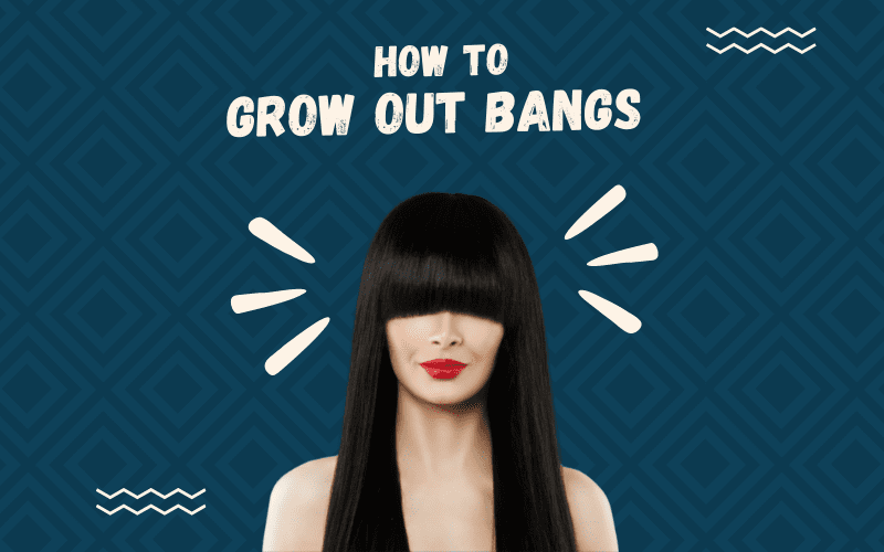 Image titled How to Grow Out Bangs on a blue background with a woman with such a style in the middle of two cream cartoon exclamation marks