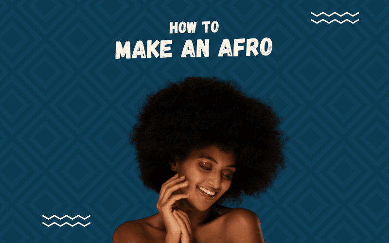 Image titled How to Make an Afro featuring a woman with such a style tilting her head to the left and looking down while holding her face