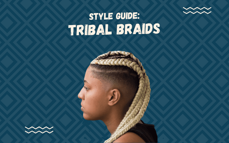 Image titled Style Guide Box Braids in cream lettering with a cutout of a woman looking to her left and wearing such a style