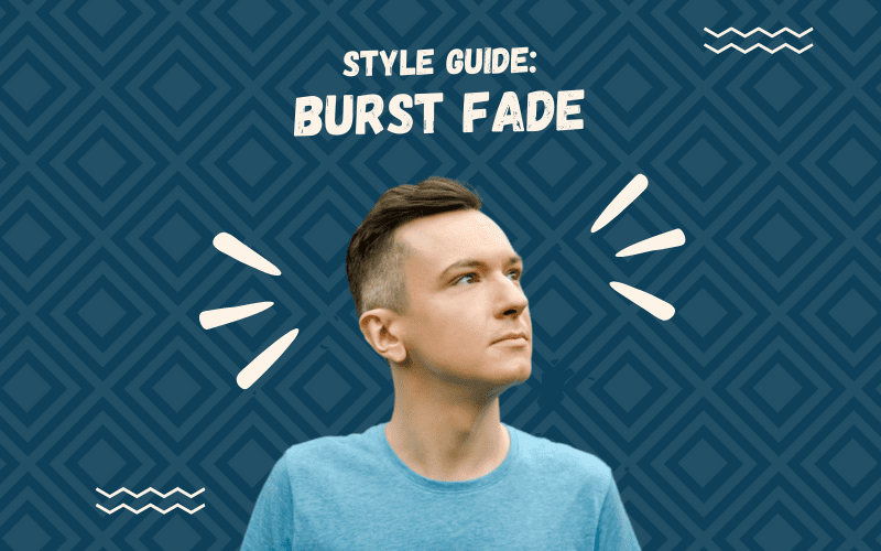 Image titled Style Guide Burst Fade featuring a cutout of a man with such a style floating on a blue square patterned background