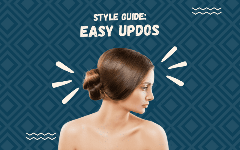 Image titled Style Guide Easy Updos featuring a woman with such a style in a cutout standing in front of a blue graphic background