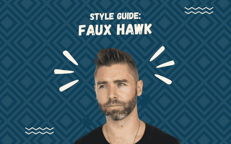 Image titled Style Guide Faux Hawk featuring a cutout of a man with such a style floating on a blue square patterned background