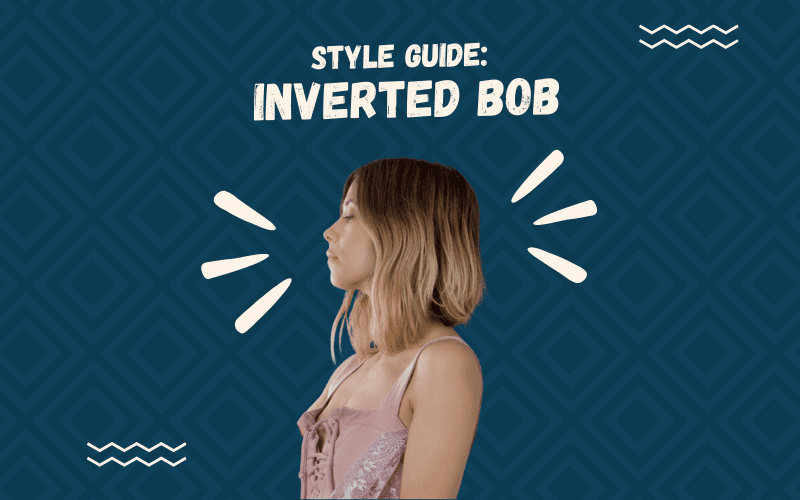 Image titled Style Guide Inverted Bob featuring a woman with such a style standing in front of a blue graphic square background