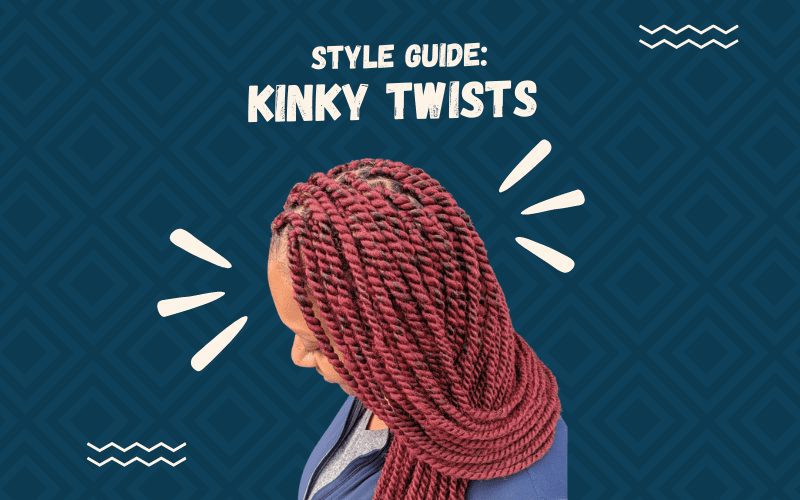 Tiêu đề ảnh Style Guide Kinky Twists có hình một người phụ nữ với kiểu tóc này thắt bím đỏ đang nhìn xuống
