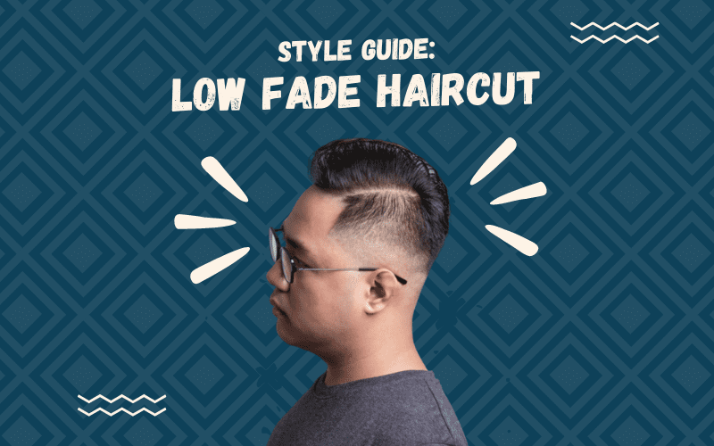 Image titled Style Guide Low Fade Haircut featuring a cutout of a man with such a style floating on a blue square patterned background