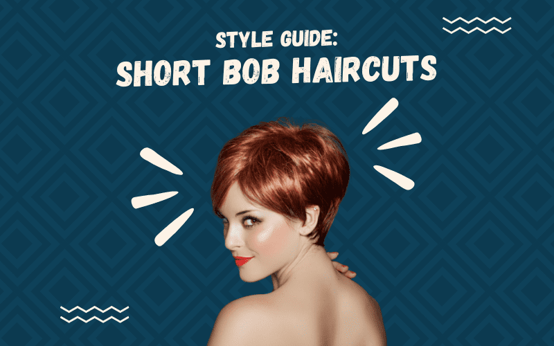 Image titled Style Guide Short Bob Haircuts featuring a woman with such a style wearing red lip and holding her right shoulder against a blue background