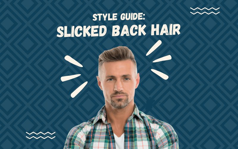 Image titled Style Guide Slicked Back Hair featuring a guy with such a style in a cutout image on a blue square background