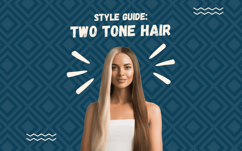 Image titled Style Guide Two Tone Hair featuring a cutout of a woman with such a style floating on a blue square patterned background