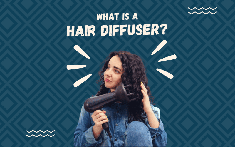 Image titled What Is a Hair Diffuser in cream lettering above a floating image of a woman with curly hair using a diffuser attachment
