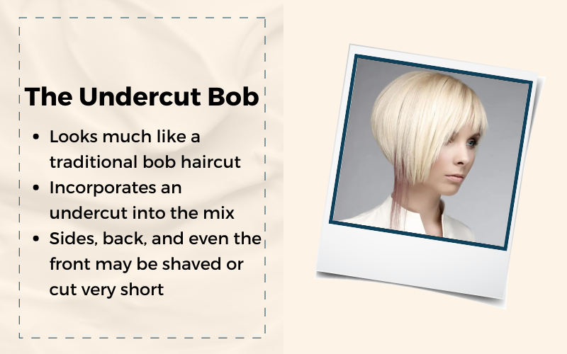 The Undercut Bob hairstyle depicted in a graphic with an explainer of what the hairstyle is