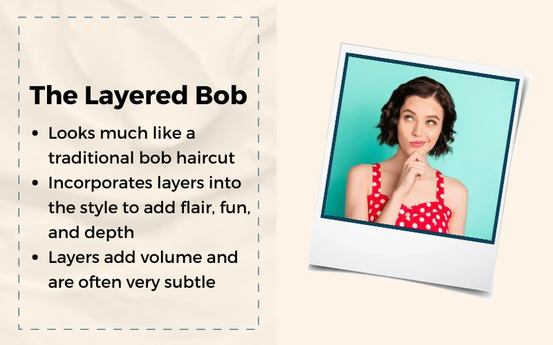 Layered bob hairstyle depicted in a graphic with an explainer of what the hairstyle is
