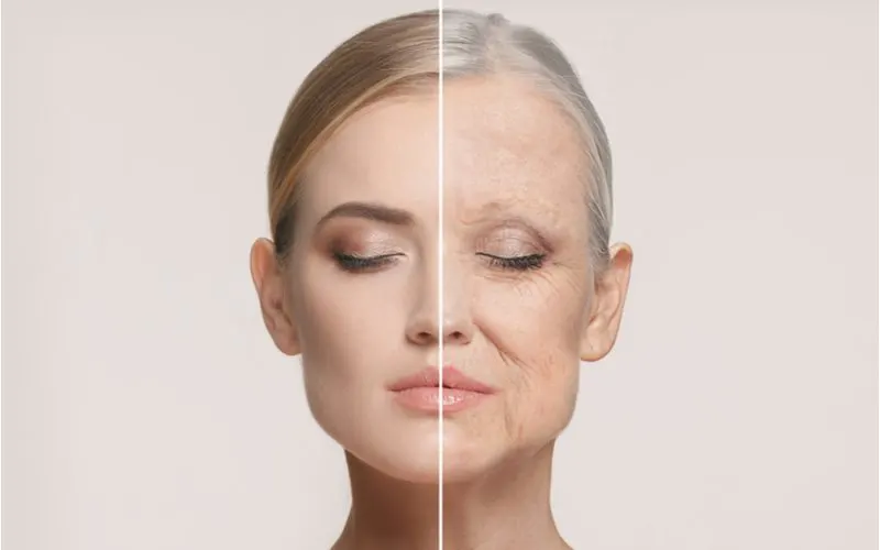 Image of a woman aging with a defined cheekbone structure for an explanation about what causes grey hair