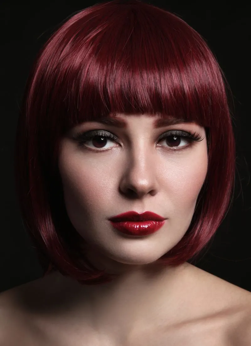 Wine Red Bob With Blunt Bangs