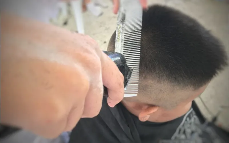 Caesar Buzzcut on a guy shown in an aerial image from the barber's perspective