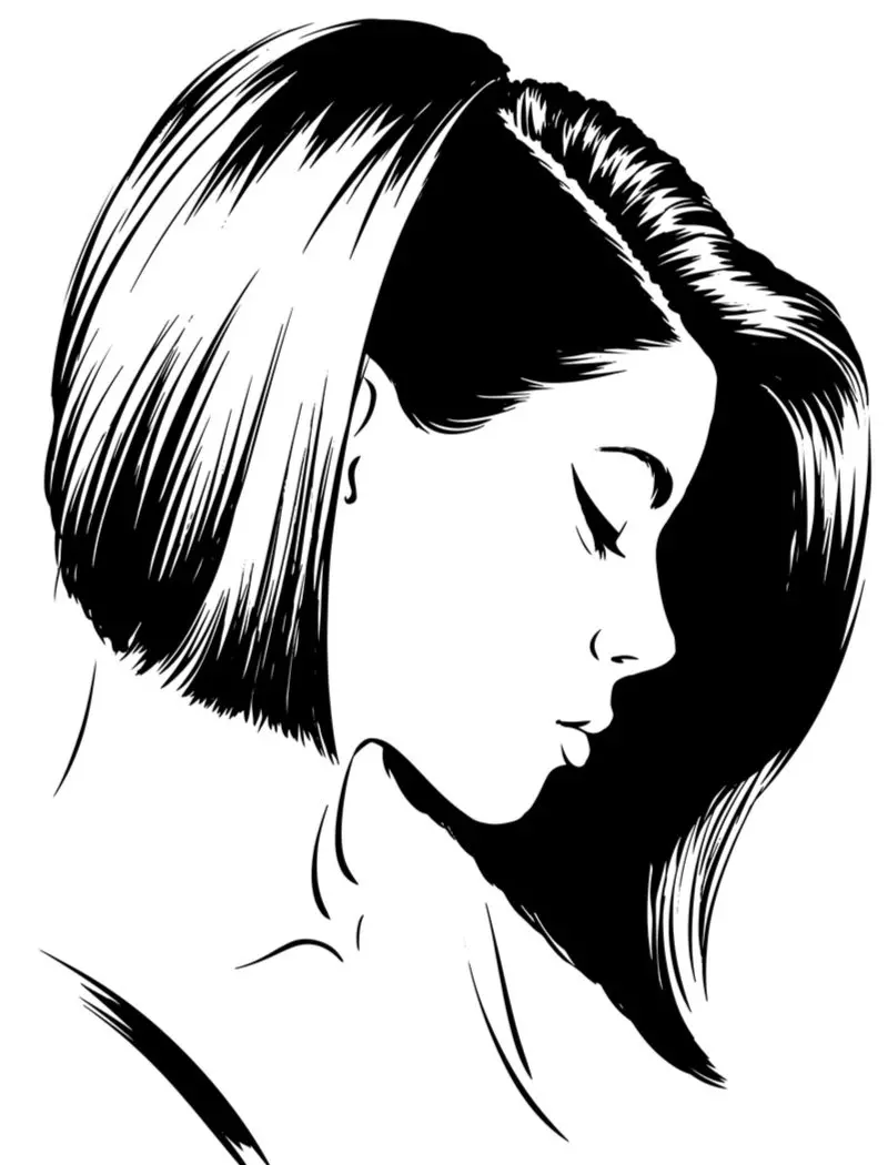 Black and white sketch of a woman with an undercut bob looking down and to her left