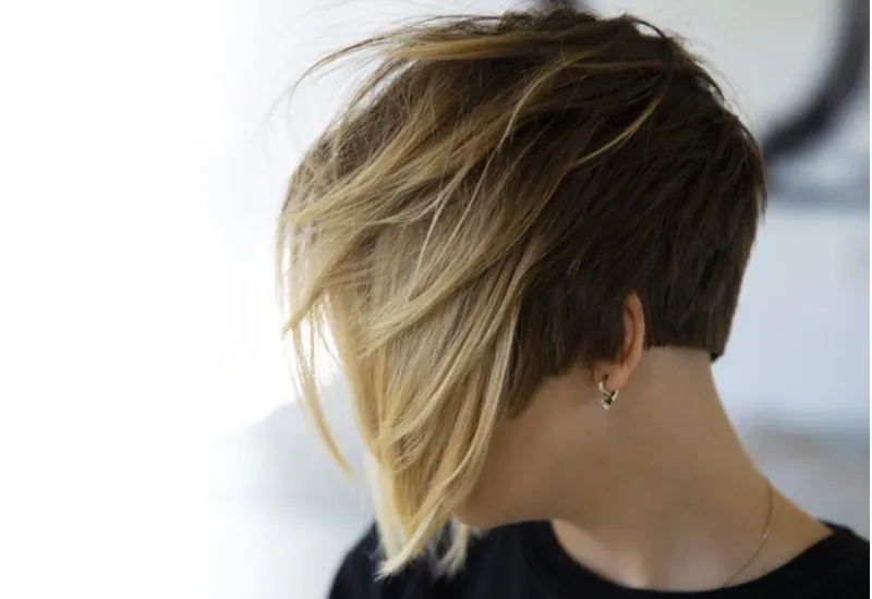 Ombre Asymmetrical Cropped bob haircut on a woman letting her hair blow outside