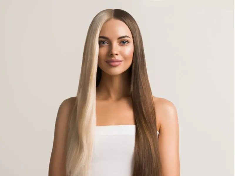 Woman with half and half two tone hair with one side blonde and the other side brown
