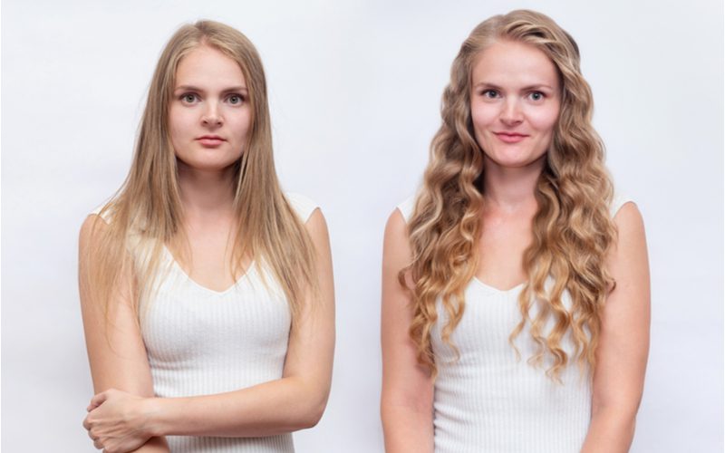 Image showing a before and after of a blonde woman wearing a white tank for a piece on how to tease hair