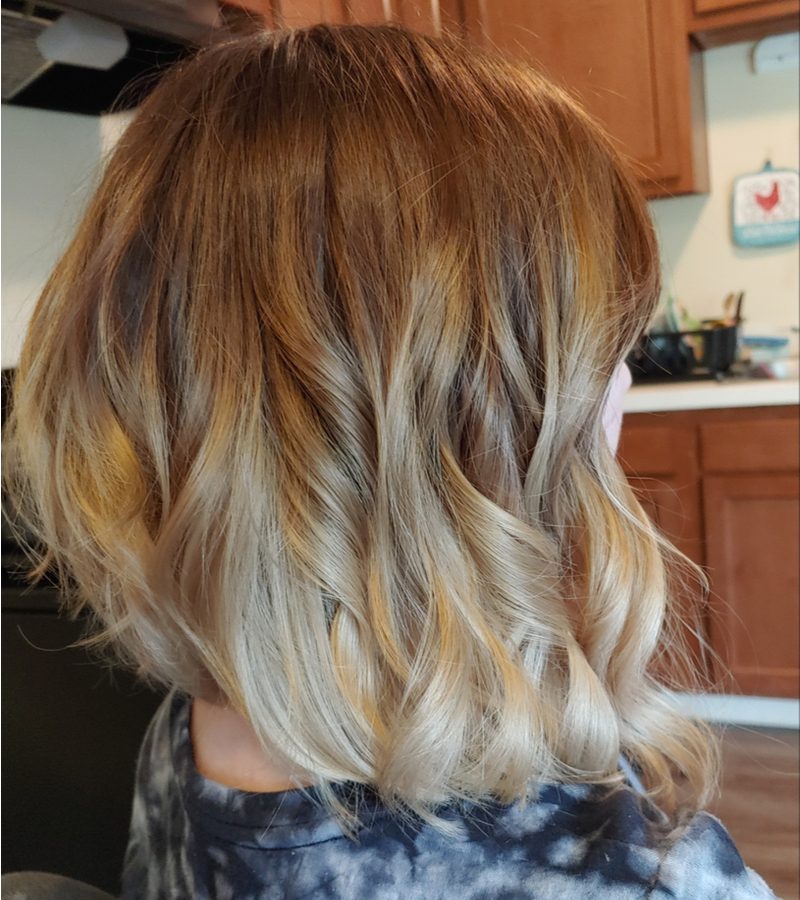Ombre Inverted Lob on a woman in a tie dye shirt