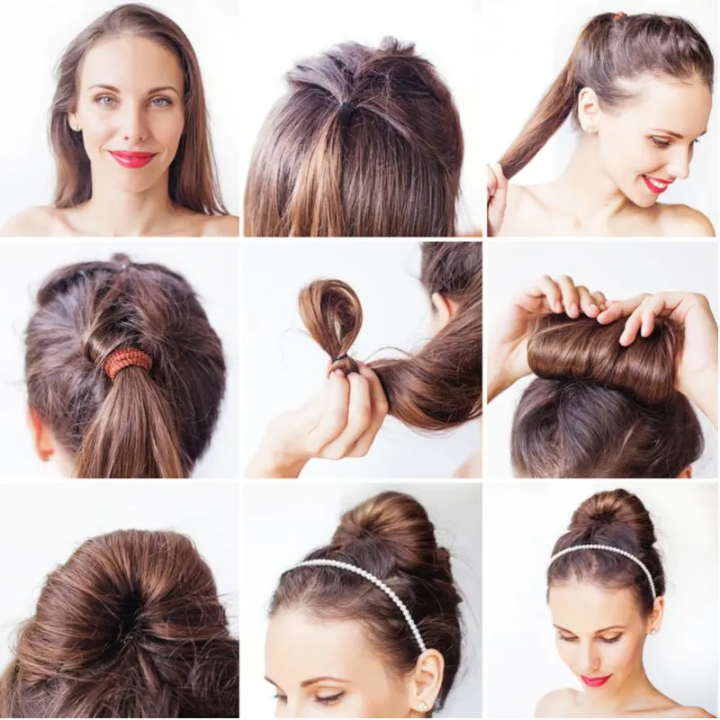 Rolled Korean Bun easy updo tutorial in many images stitched together