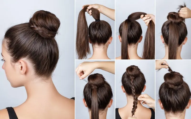 Easy updo titled High Braided Bun showing the various steps to do this style