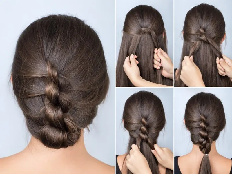 Disappearing Braid easy updo walkthrough collage