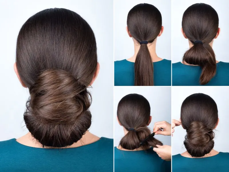 Asian woman doing a Looped Chignon easy updo bun tutorial in a picture collage
