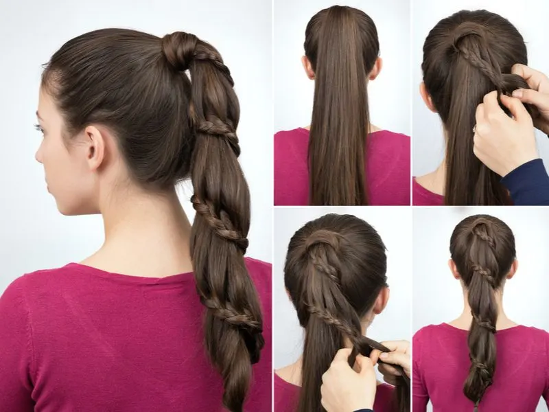 Waterfall Braid Ponytail easy updo inspiration in a step by step walkthrough picture collage