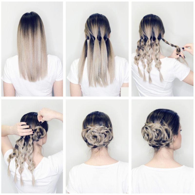 Woman in a multi-picture collage showing us how to do an easy rolled bun updo