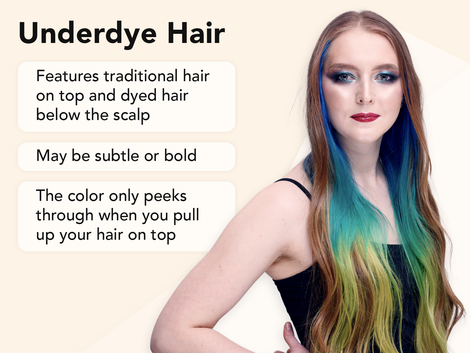 Underdye hair explainer image on a tan background