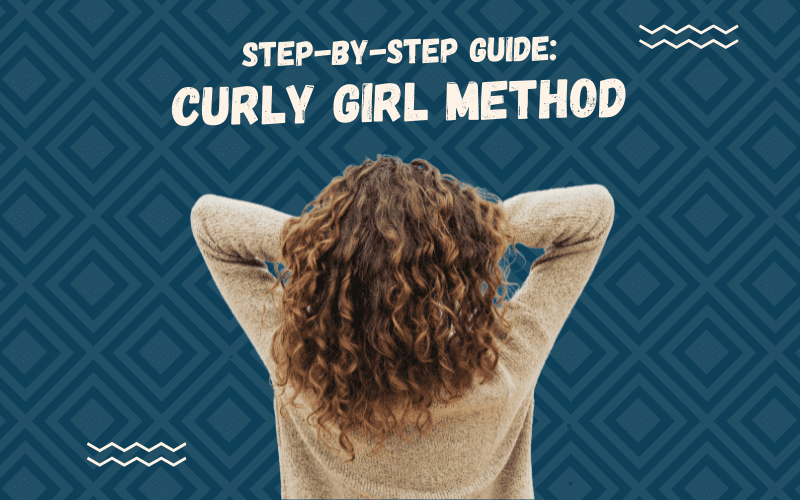 Image titled Step by Step Guide: Curly Girl Method featuring a woman with naturally curly hair on a blue background
