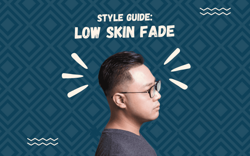 Image titled Style Guide Low Skin Fade featuring a cutout of a man with such a style floating on a blue square patterned background