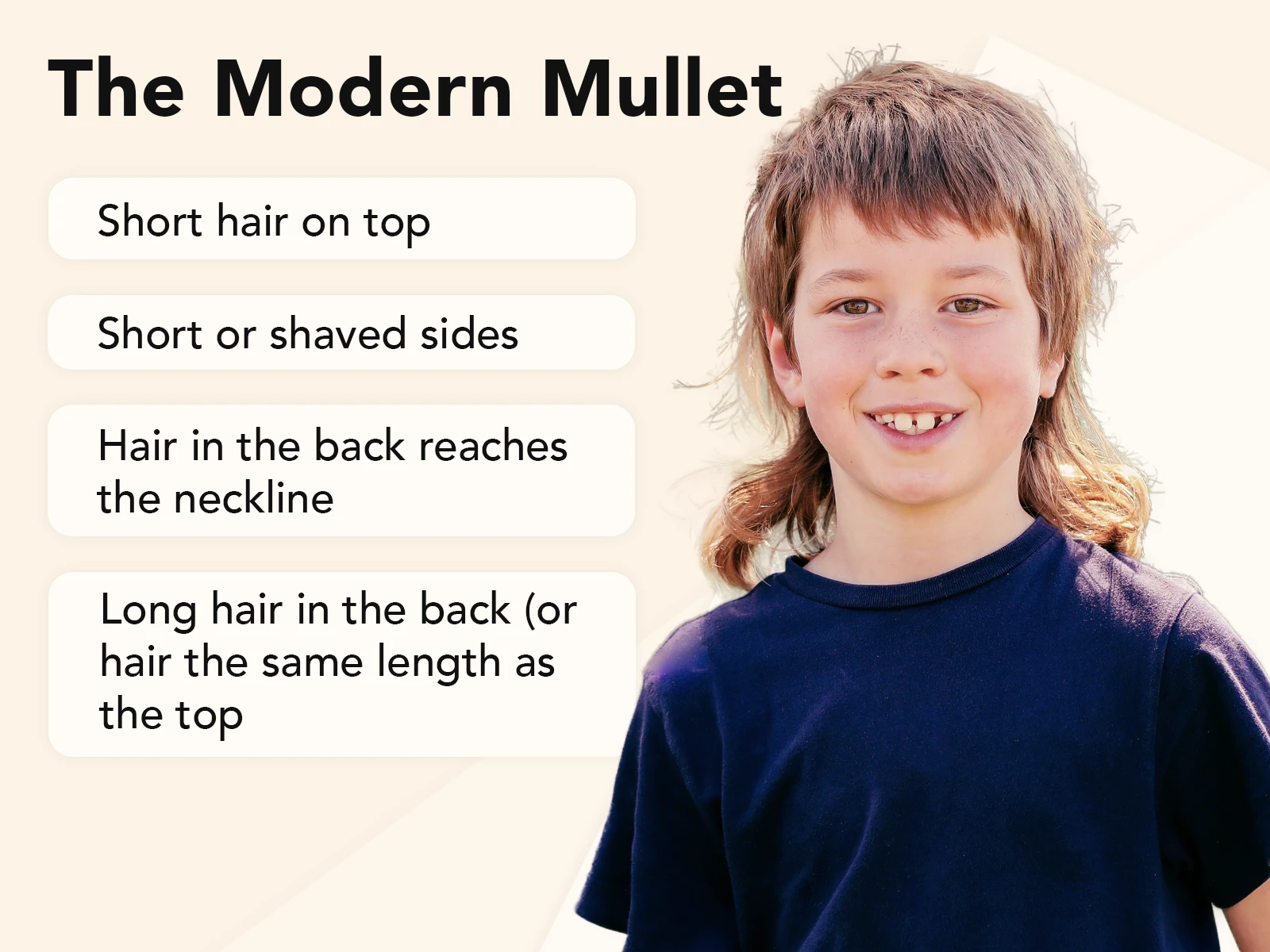 the modern mullet explainer image on a tan background with a person wearing the style on the right