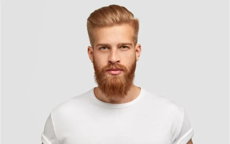 Pushed-Back Pompadour Fade (a popular men's haircut) on a guy in a white crew neck tshirt with a beard