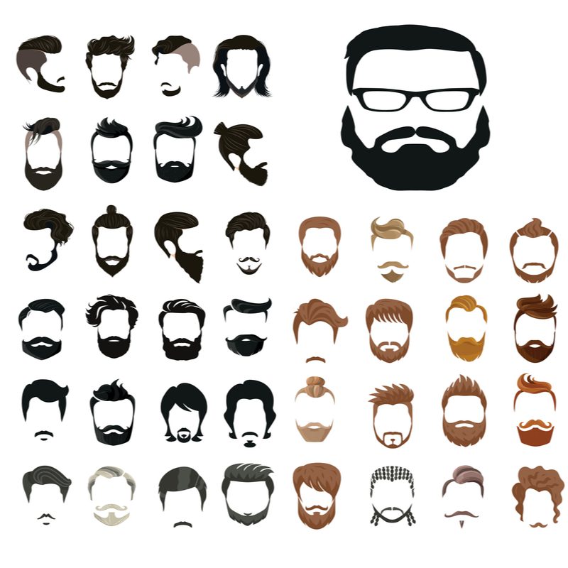 Various types of beards on various types of faces illustrated into a single graphic