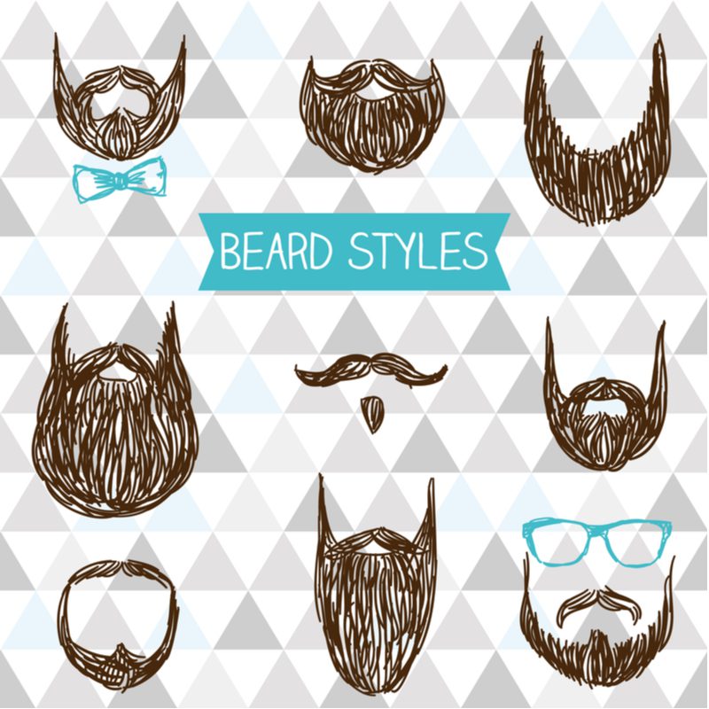 Graphic showing various beard styles drawn on a triangular grey background